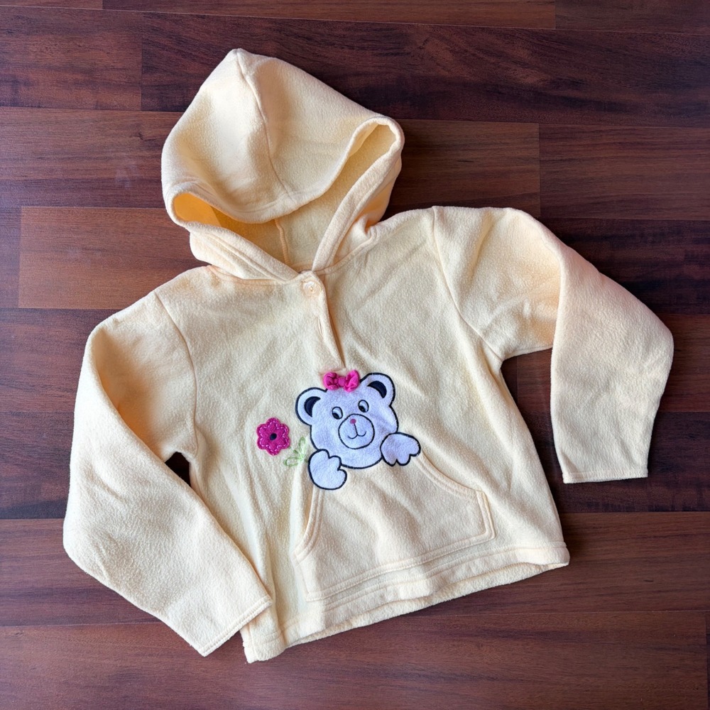 Kids Play Yellow Fleece Teddy Bear Hoodie Size 6 Embroidered Pullover Pocket